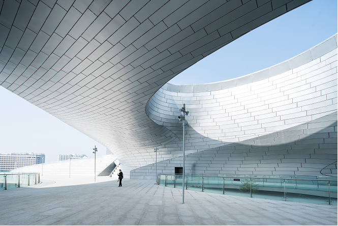 Interior view beneath a sweeping curved roof surface.