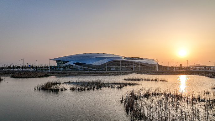 View of the venue roof structure showing the scale of the completed complex.