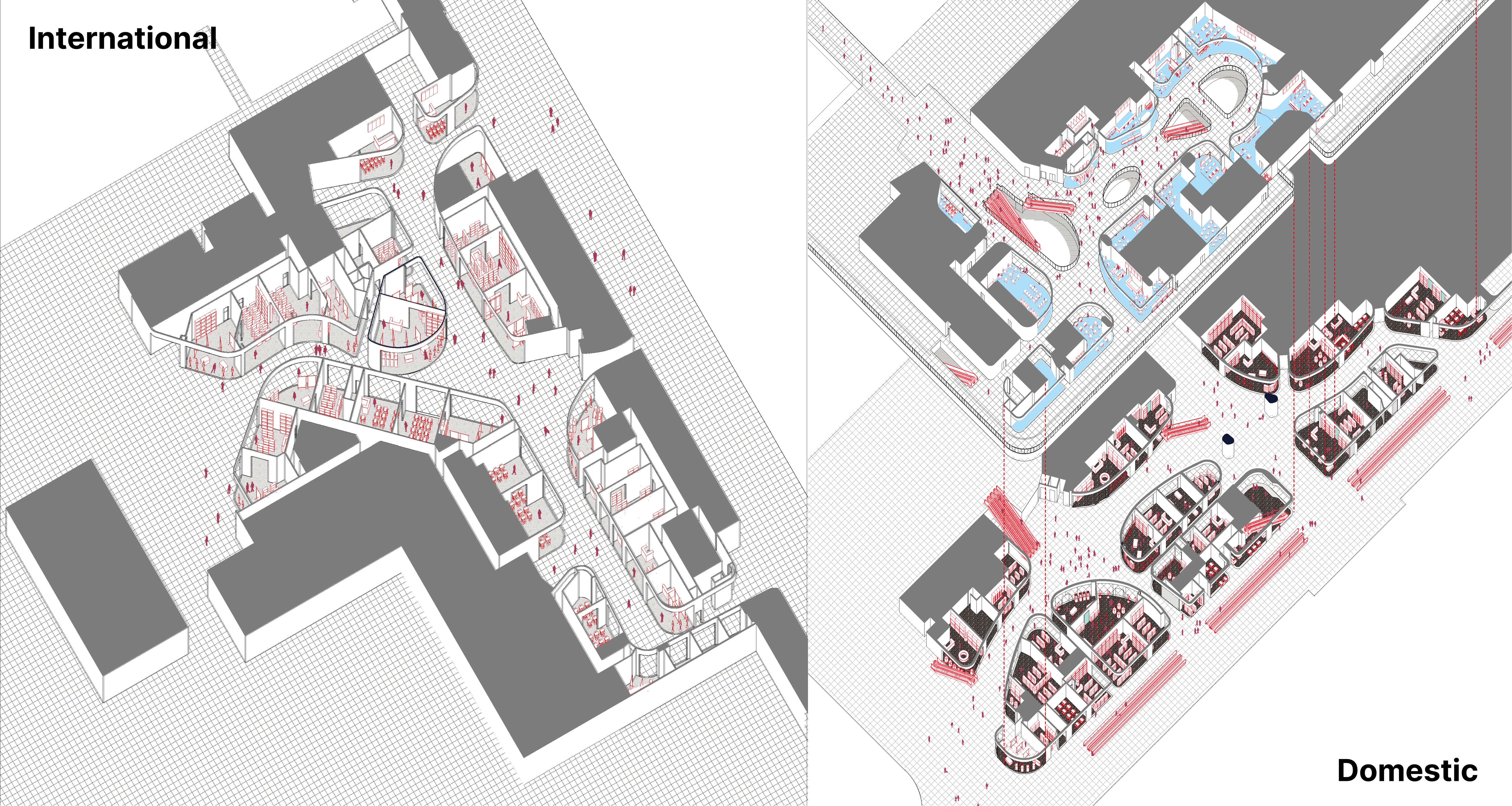 Commercial area drawing showing retail, circulation and public movement.