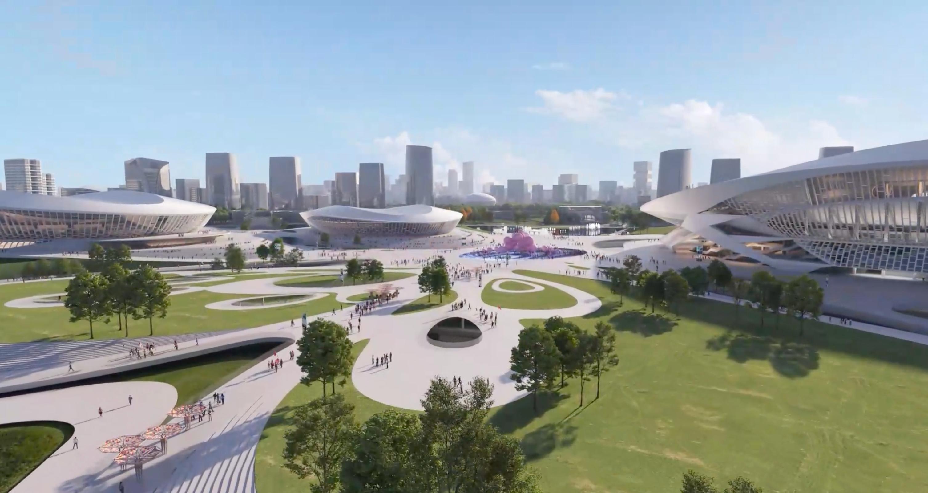 Aerial view of the central celebration plaza at the Changsha Olympic Sports Centre.