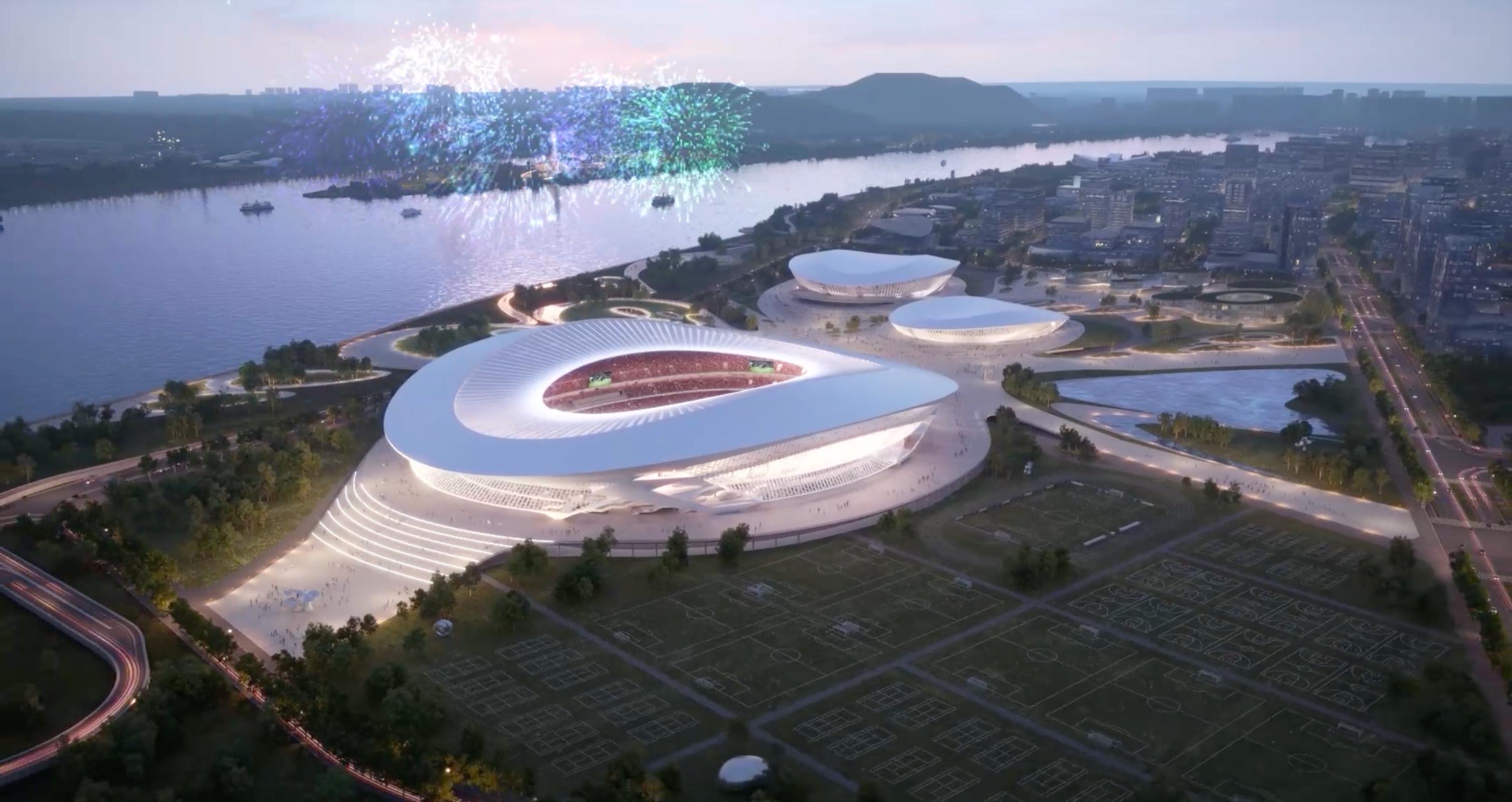 Night aerial view of the illuminated Changsha Olympic Sports Centre scheme.