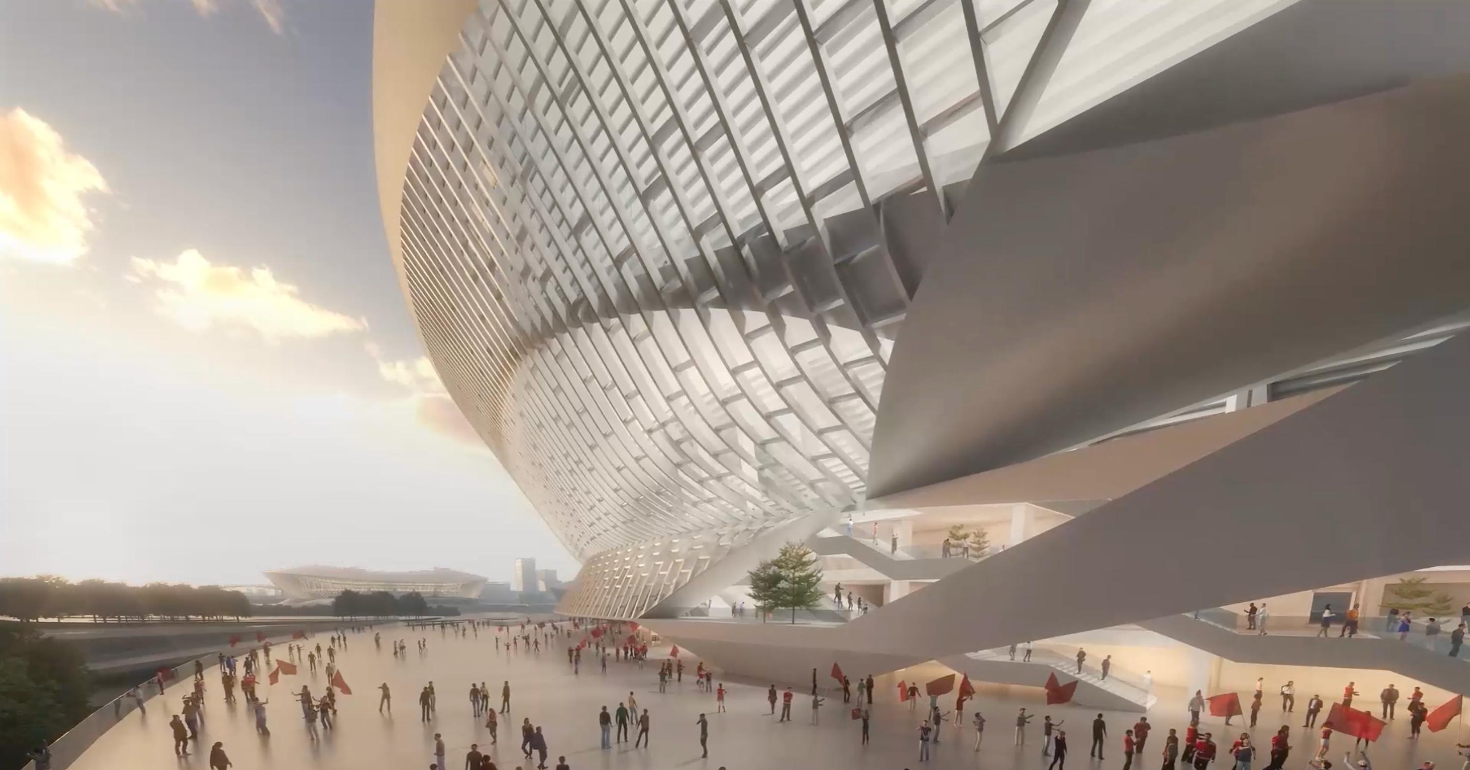 Dusk exterior view of the stadium at the Changsha Olympic Sports Centre.