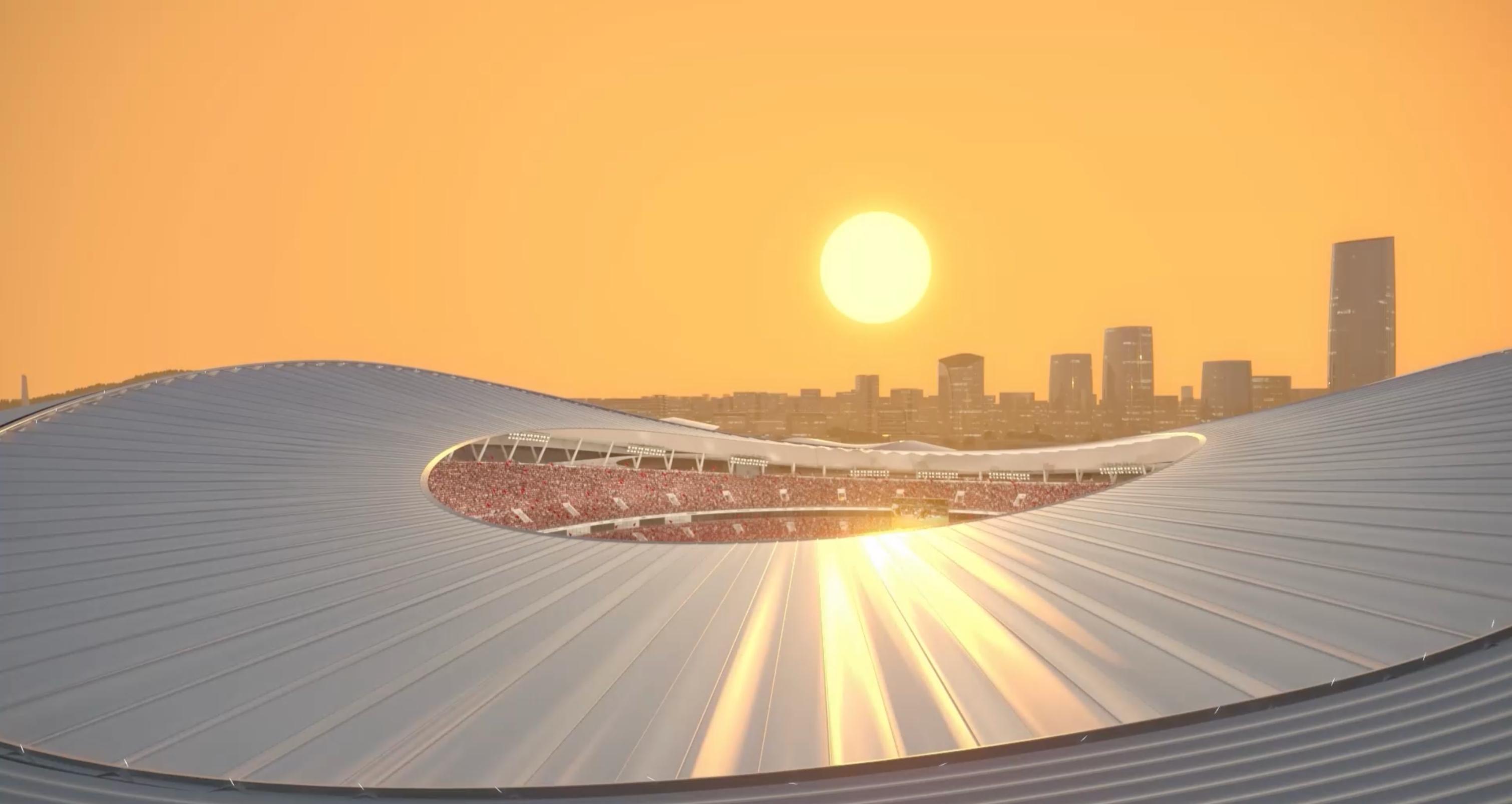 Dusk view of the chrysanthemum-petal roof form of the Changsha Olympic Sports Centre stadium.