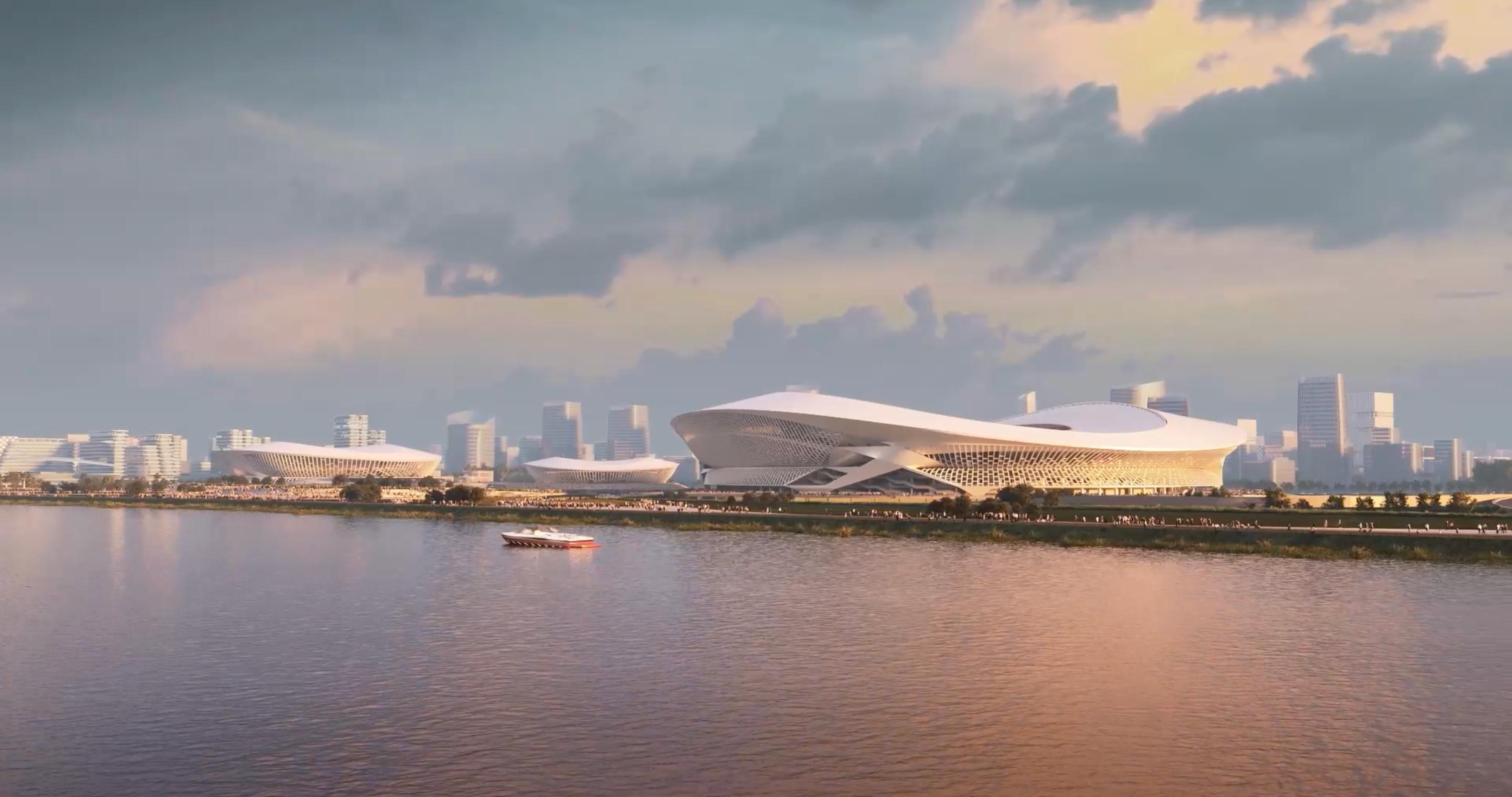 Riverfront eye-level view of the Changsha Olympic Sports Centre scheme at dusk.