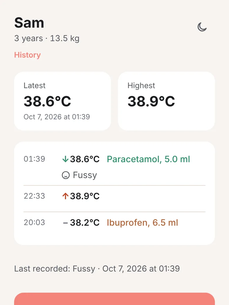 Fevnote home screen with latest and highest readings and grouped timeline rows.