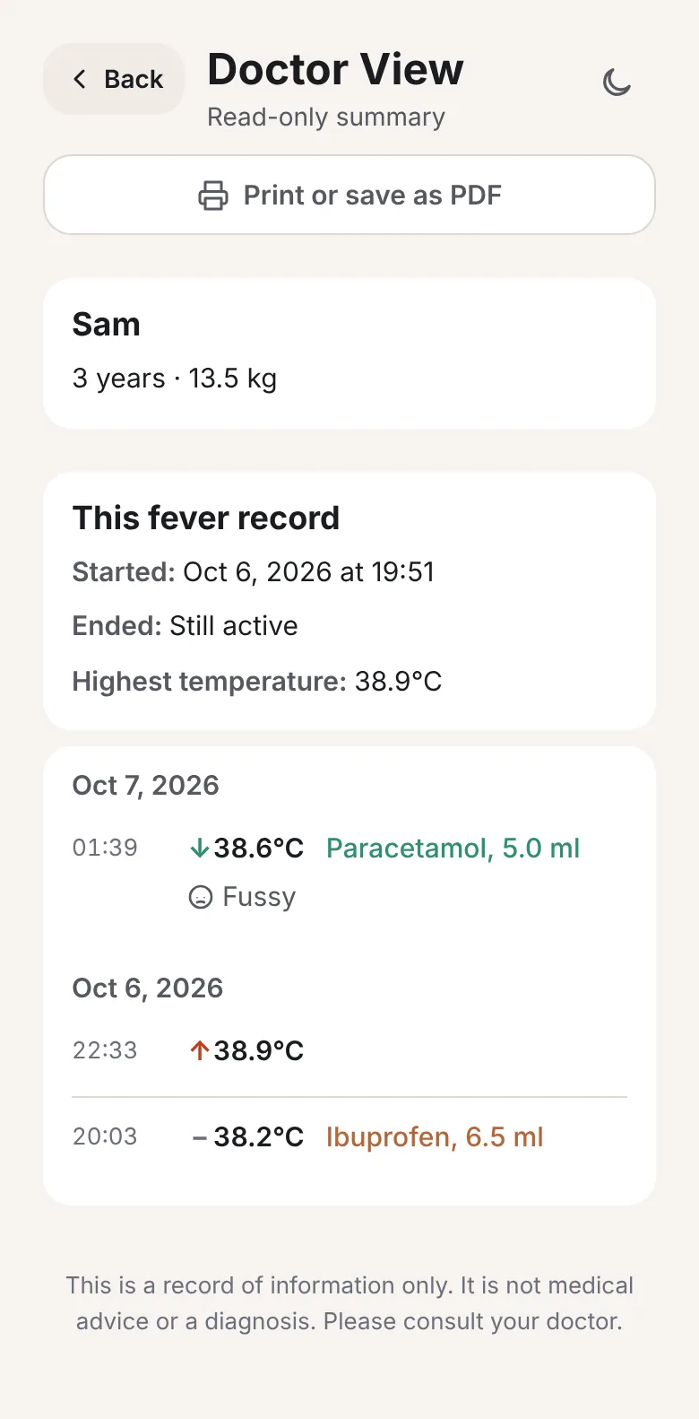 Doctor View showing the child details, a fever record summary and the full timeline.