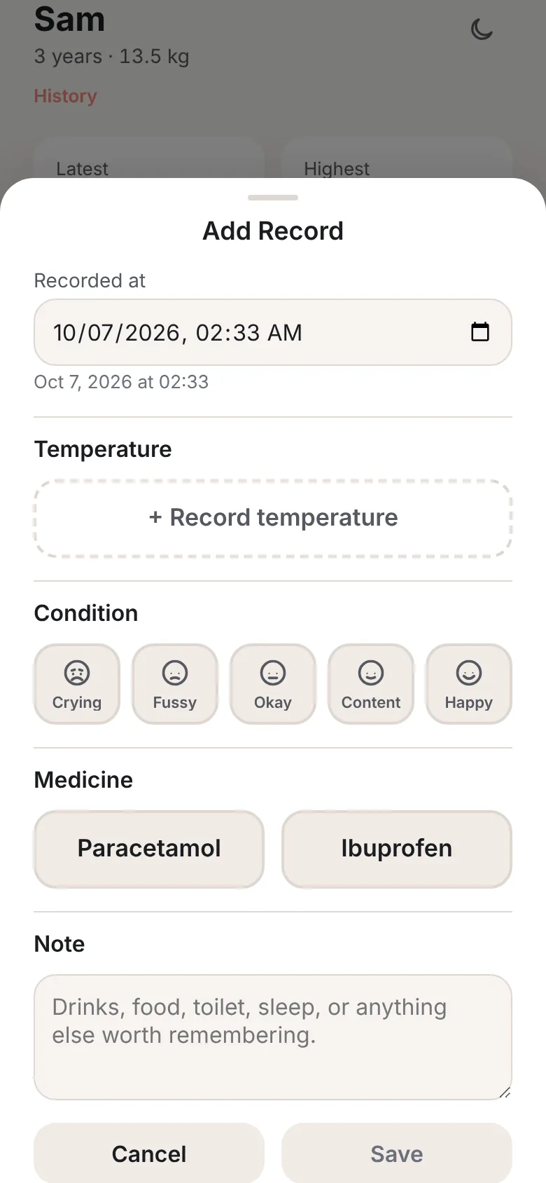 Unified Add Record form with one recorded-at time, temperature and medicine.