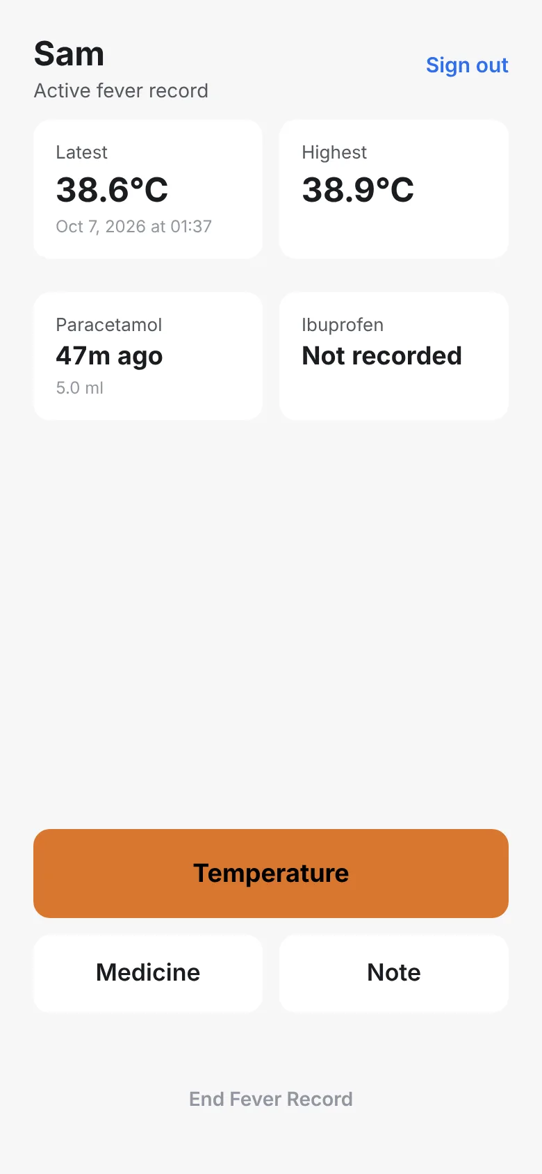 Early Fevnote home screen with three separate record buttons.