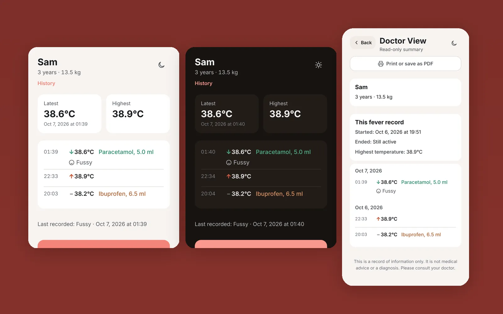 Fevnote home screen in light and dark themes, next to the Doctor View summary.