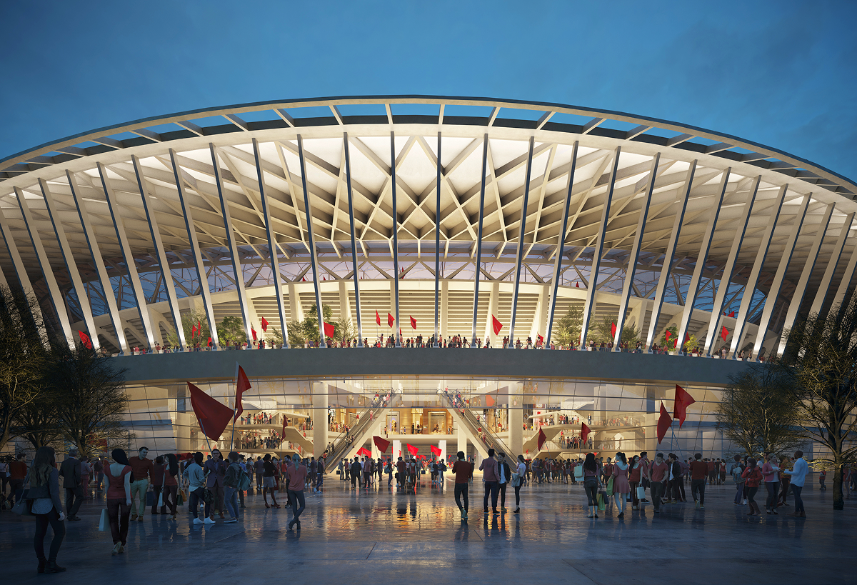 Main entrance space showing the public-facing interior structure of the stadium.