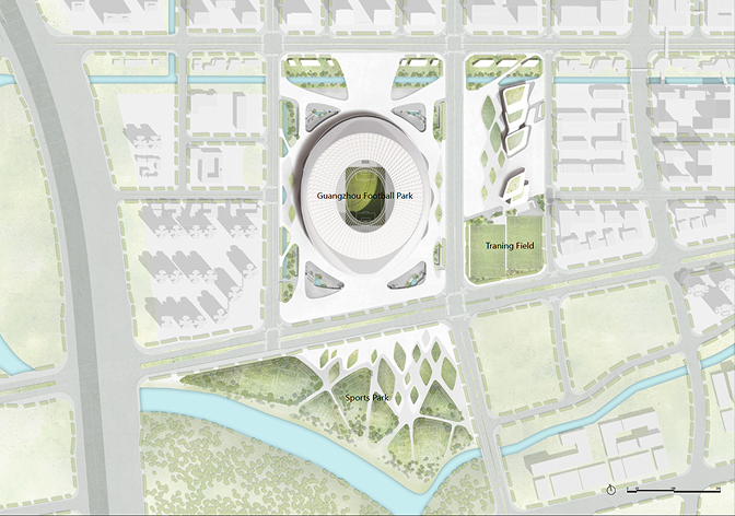 Masterplan drawing locating the stadium within its surrounding site and public realm.