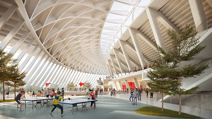 Interior view of the public platform beneath the stadium roof structure.