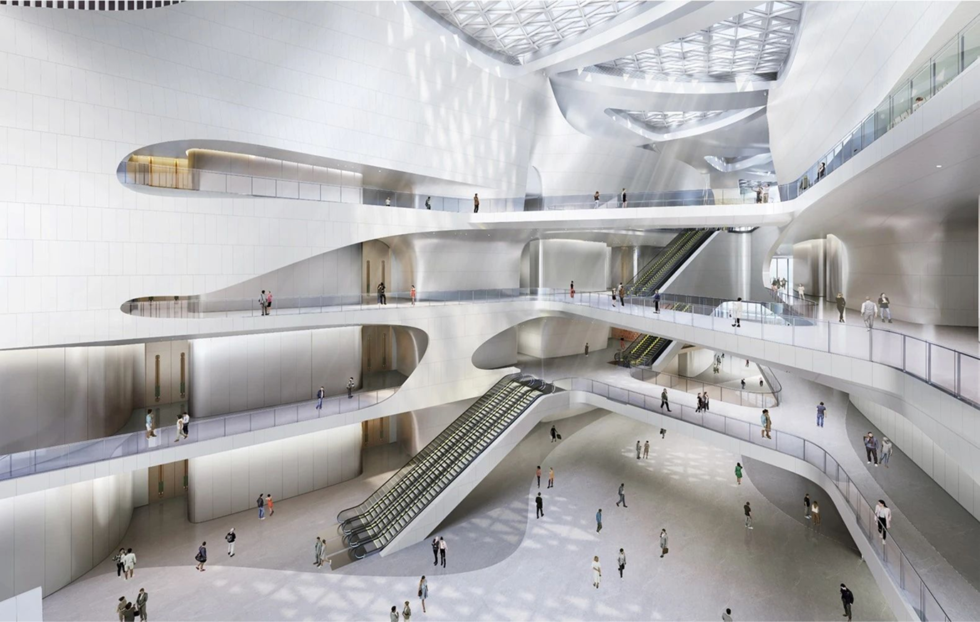 Interior render of the Science Hall's cascading atrium showing multiple levels, natural light and the spatial sequence connecting exhibition and observation spaces.