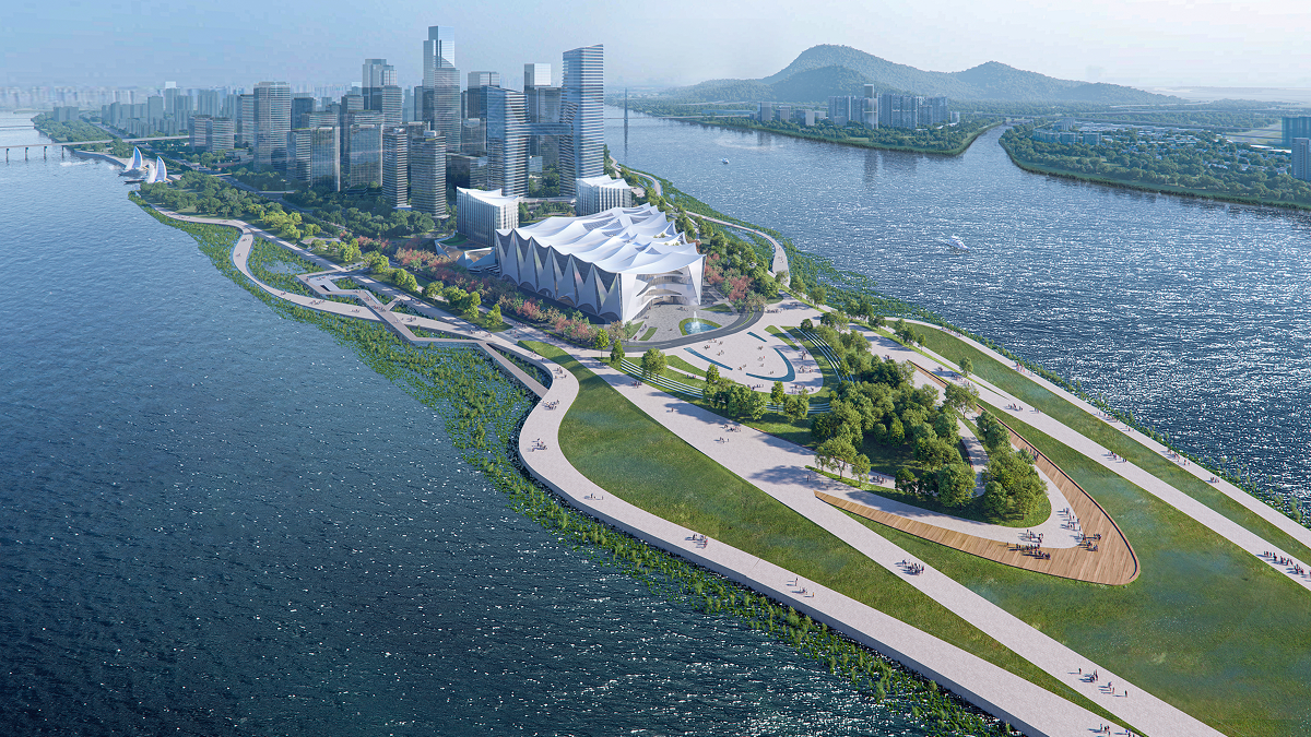 Aerial view of the Great Bay Area Science Hall showing the sail-form building complex set against the Nansha waterfront and surrounding science district.
