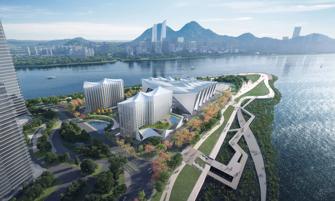 Aerial view showing the Great Bay Area Science Hall's position within the Nansha science and financial district.