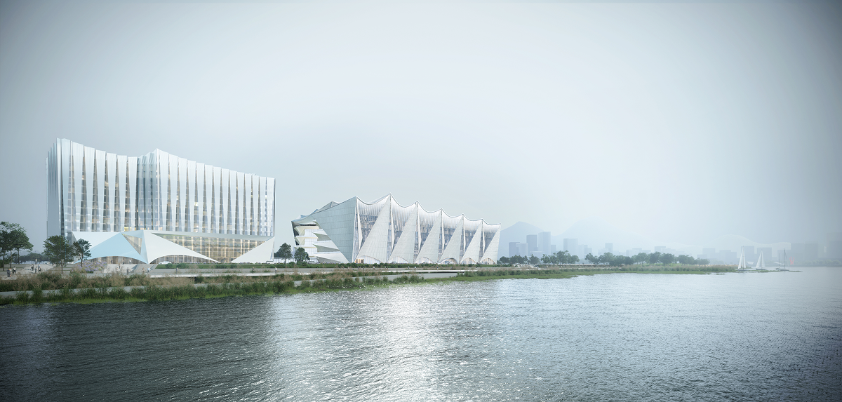 Riverside south view of the completed Science Hall showing the building in its waterfront landscape setting.