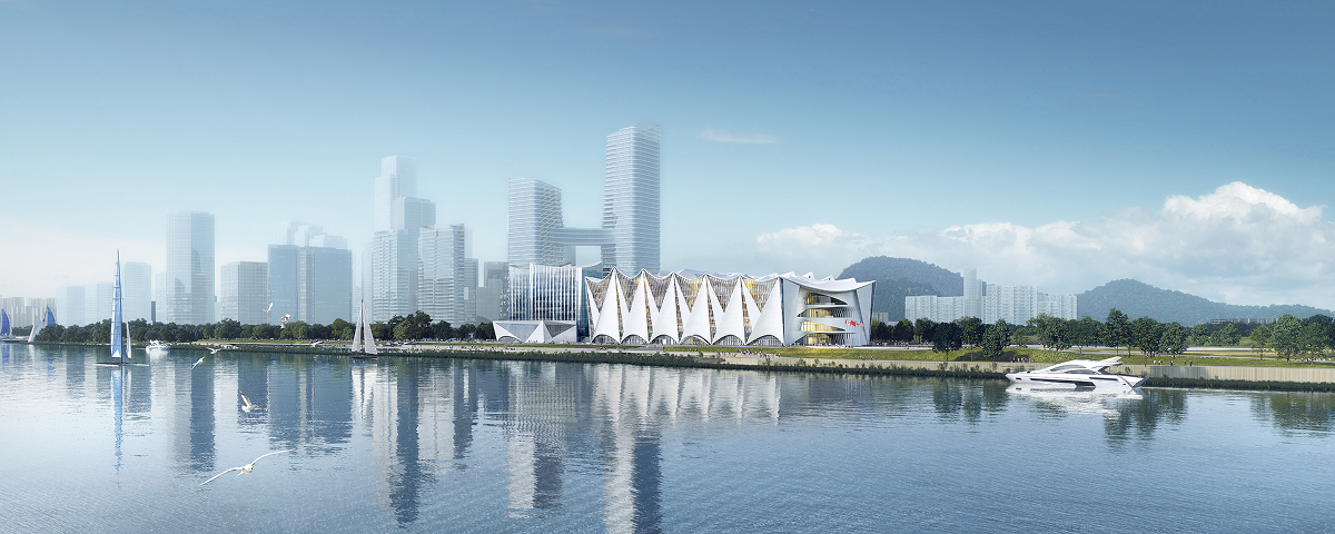 Riverside view of the Science Hall from the water, showing the full sail-form facade.