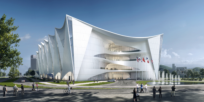 South entrance view of the Science Hall showing the building facade and approach.