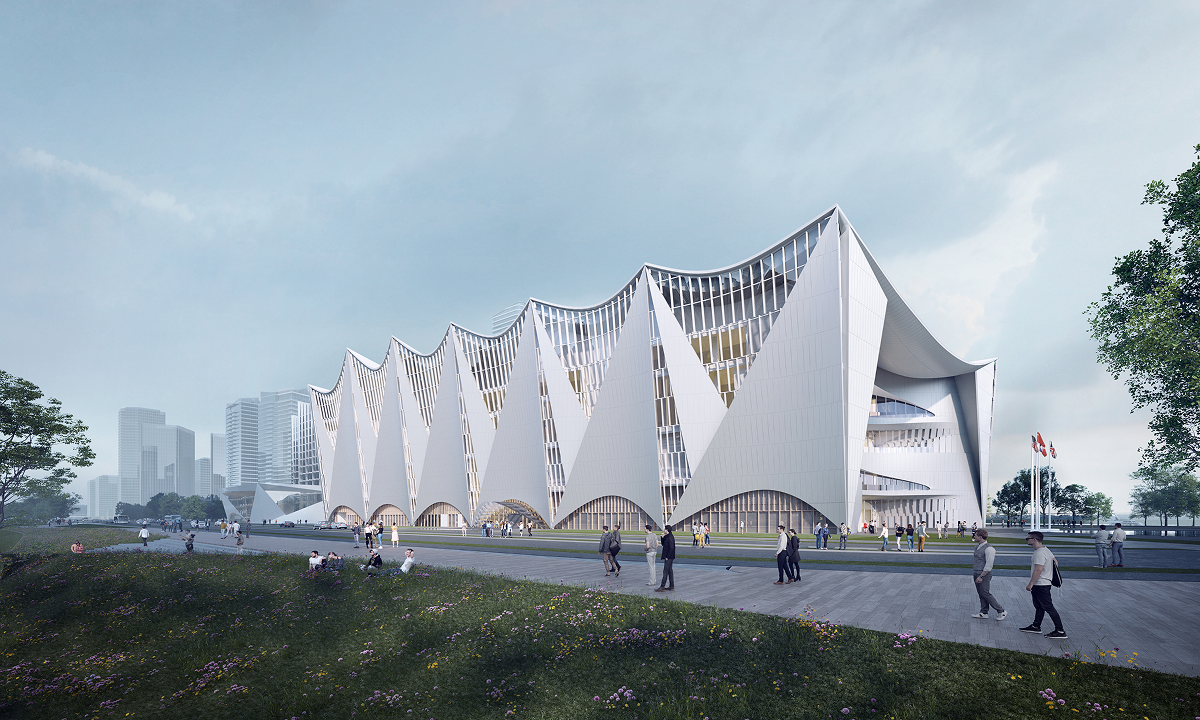 Ground level view of the Great Bay Area Science Hall showing the white sail-form facade and public plaza.
