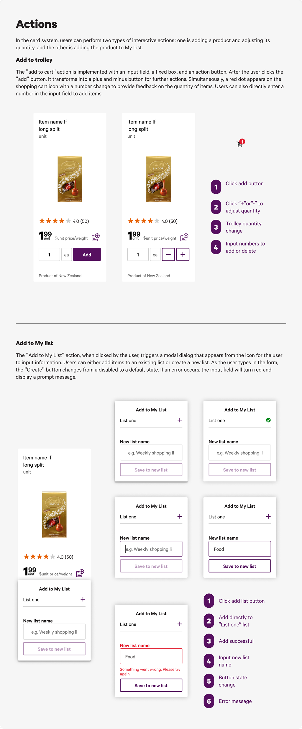 Card action documentation from the New World Design System.