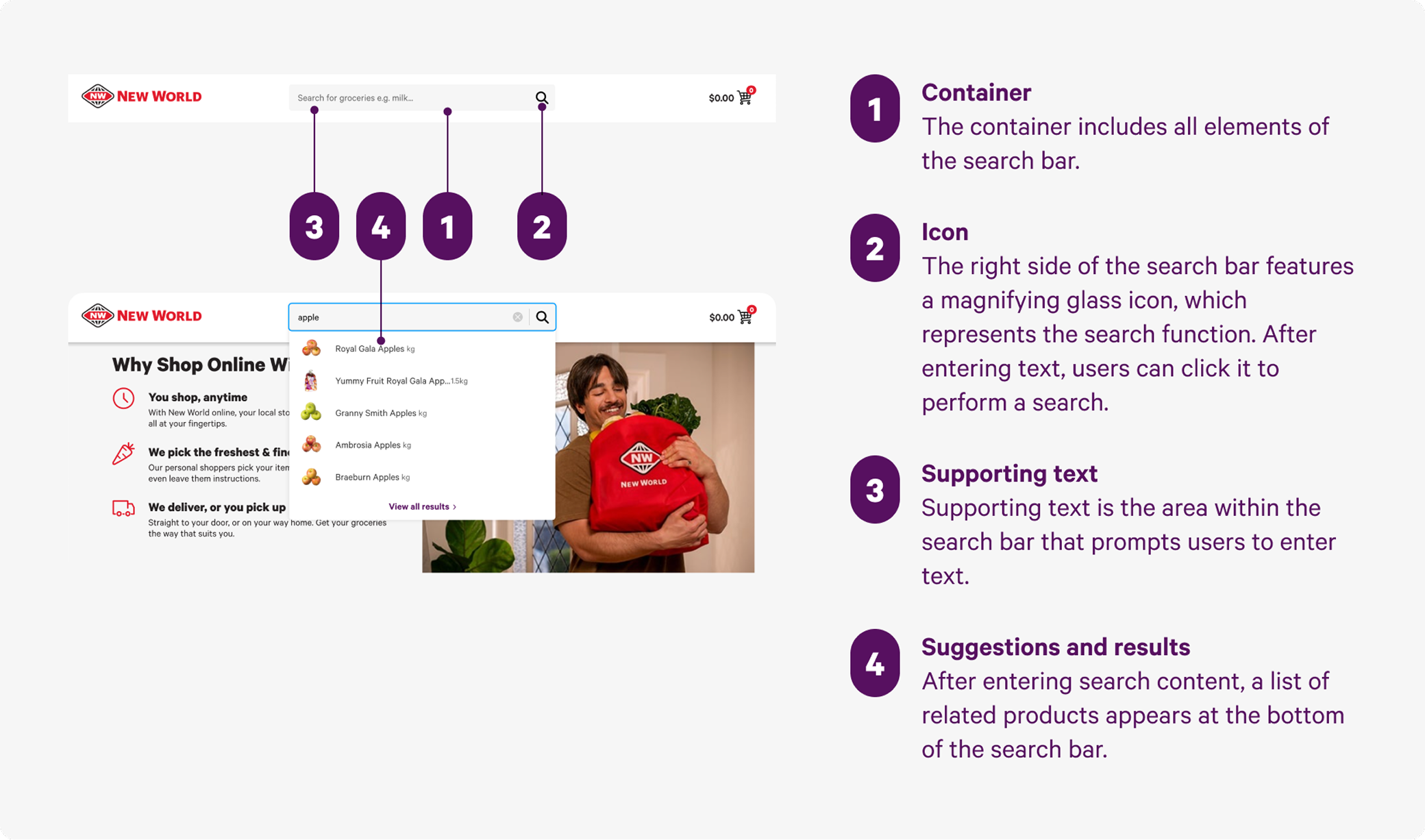 Search anatomy documentation from the New World Design System.