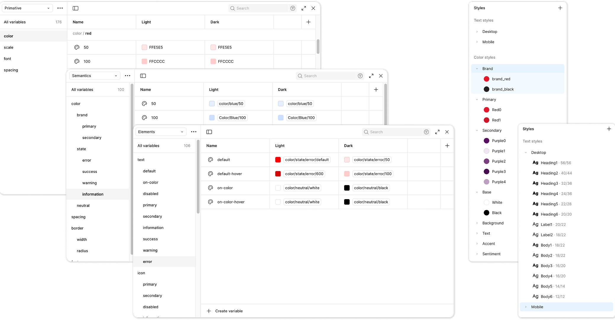 Figma variables exploration for colour, typography and spacing logic.