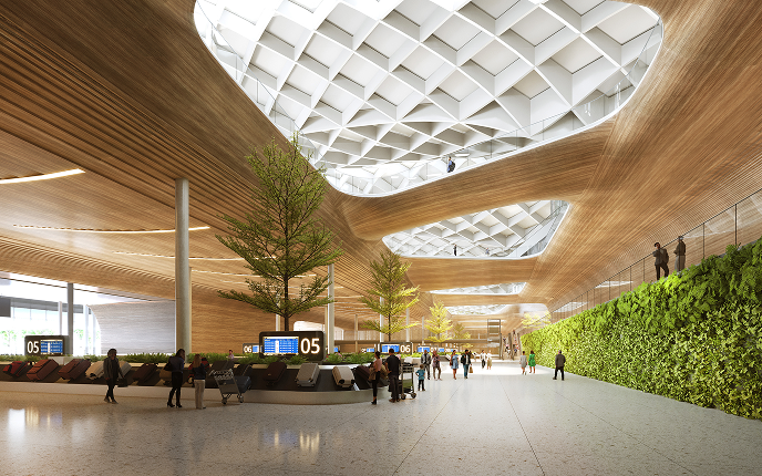 Interior render of the terminal's claim hall showing the organic roof structure, natural light and integrated planting.