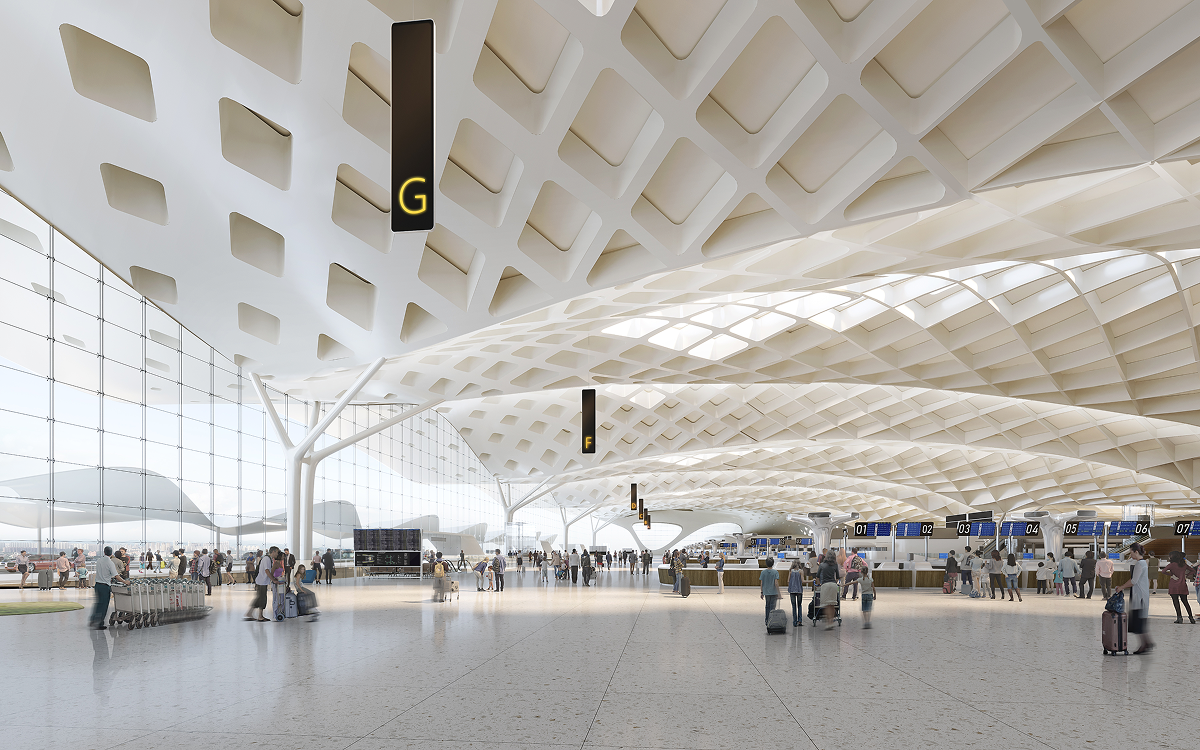 Interior render of the terminal departure hall showing the large public space, roof structure and check-in environment.