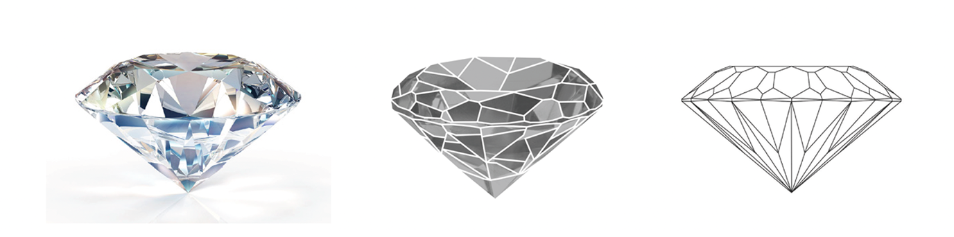 Diagram showing the diamond-cutting inspiration behind the facade's faceted form.
