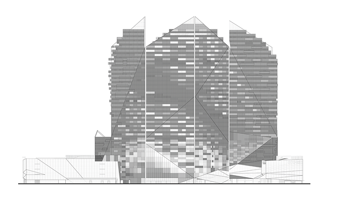 Facade study showing the expanded panel layout of the curtain wall system.