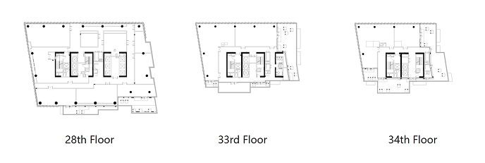 Floor plan drawing showing the tower's spatial organisation across three terrace levels.