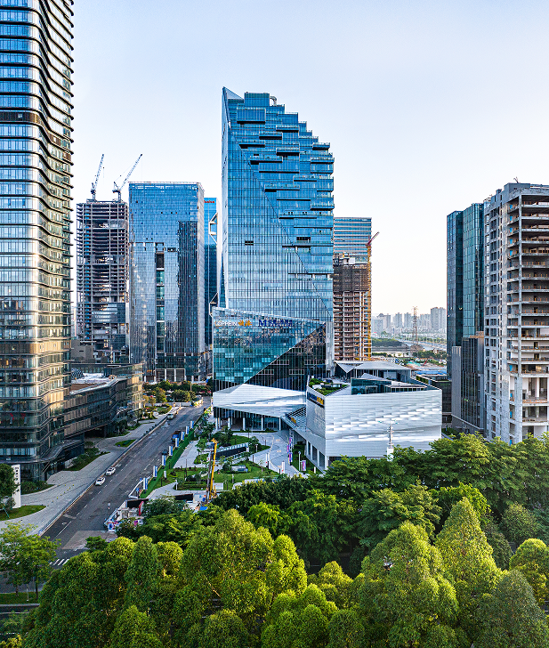 View of the Oppein Headquarters tower from the south, showing the completed parametric facade.
