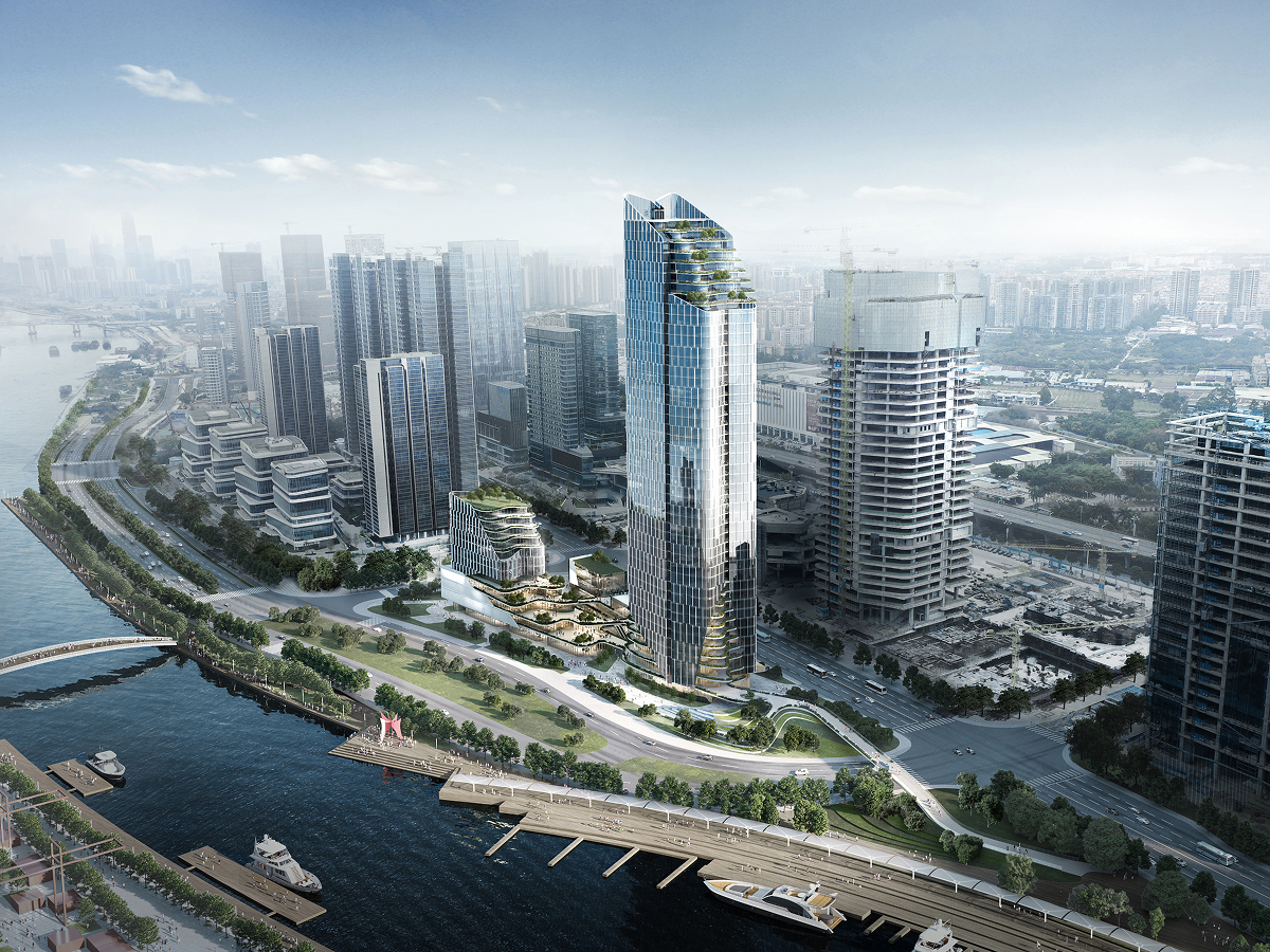 Aerial daytime view of the Poly Yuzhu development showing the waterfront promenade and tower in its riverside context.