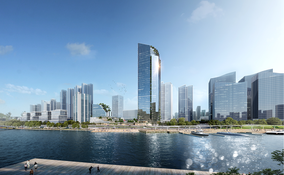Street level view of the Poly Yuzhu commercial street and tower showing the layered terraces, retail frontage and public space.