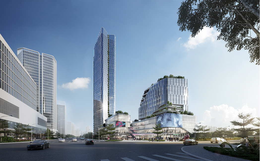 Wide view of the Poly Yuzhu development showing the tower in its broader riverside and city skyline context.