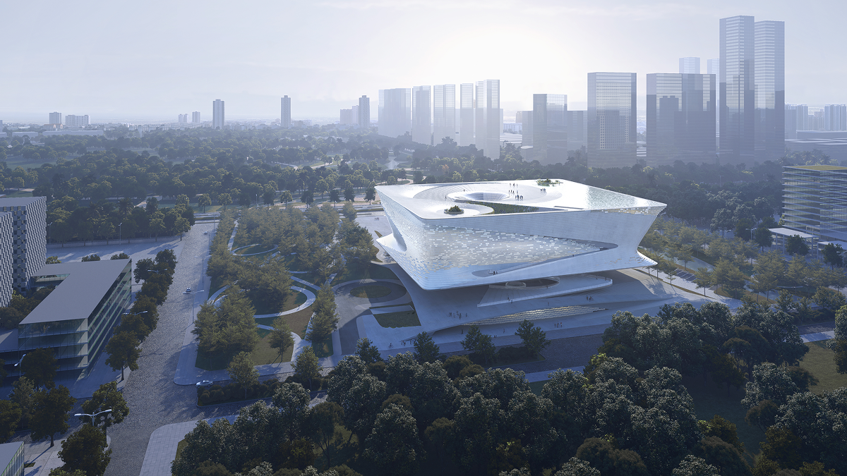 Dusk aerial view of the Shenzhen Reform and Opening-up Exhibition Hall showing the building elevated above its landscaped site against the city skyline.