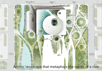 Site plan of the exhibition hall showing the building's organic form within the surrounding landscaped green corridor.