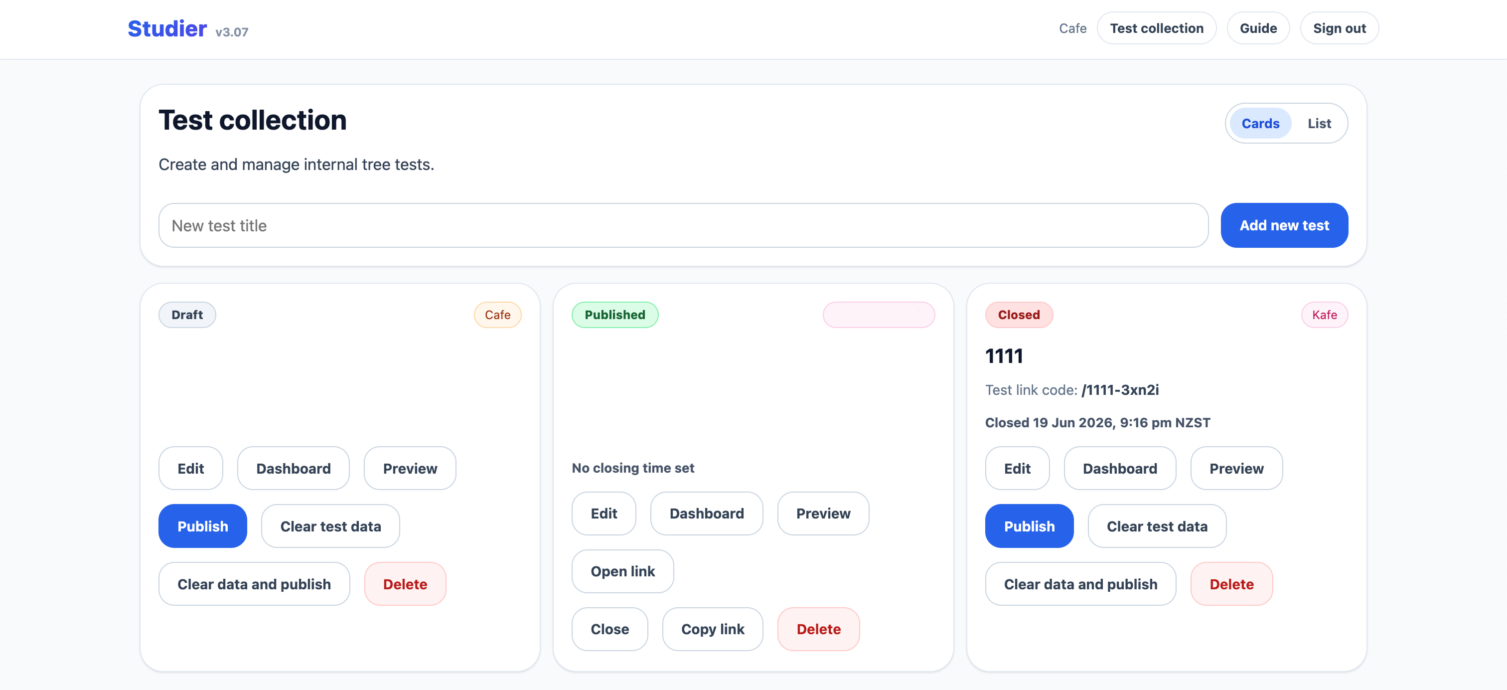 Studier dashboard for managing tree test studies.