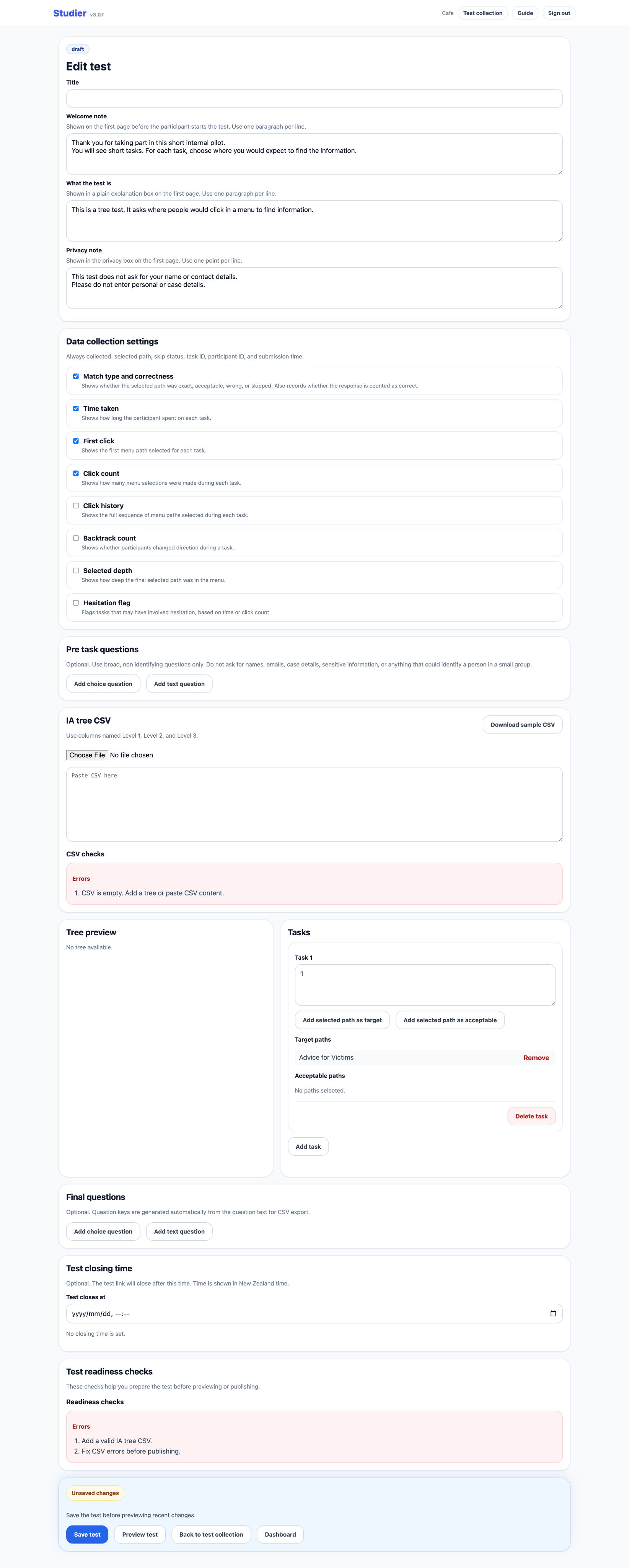 Studier study builder interface.