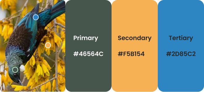 Colour palette showing primary deep green, secondary orange and tertiary blue swatches.