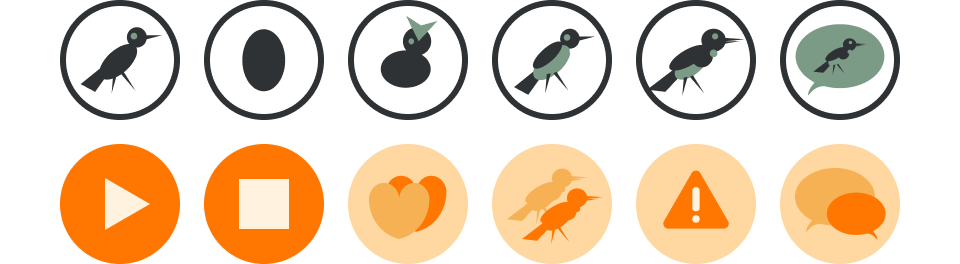 Icon set for lifecycle stages, navigation controls and audio affordances.