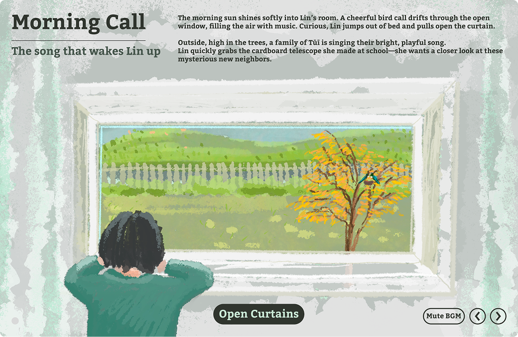 Morning Call scene showing Lin opening the curtain and hearing the Tūī birdsong.