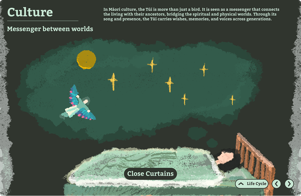 Culture stage showing the Tūī's role in Māori storytelling.