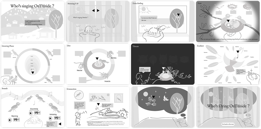 Lo-fi prototype 1 — child perspective narrative showing scene-based lifecycle journey.