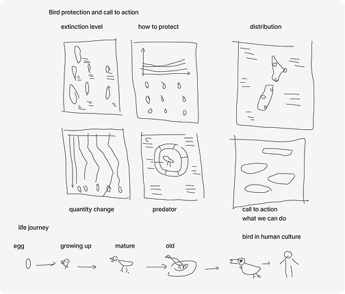 Ideation sketches showing early concepts for bird protection, life journey, and data infographic scenes.
