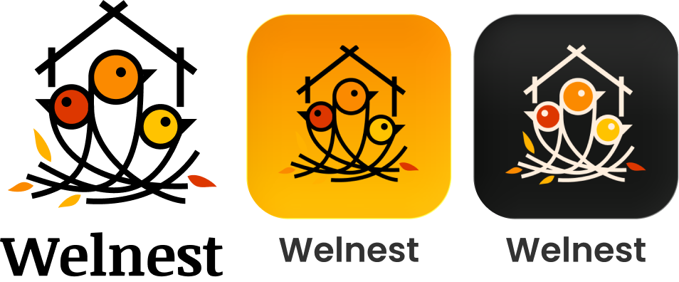 Welnest brand mark combining a nest, birds and a house outline.