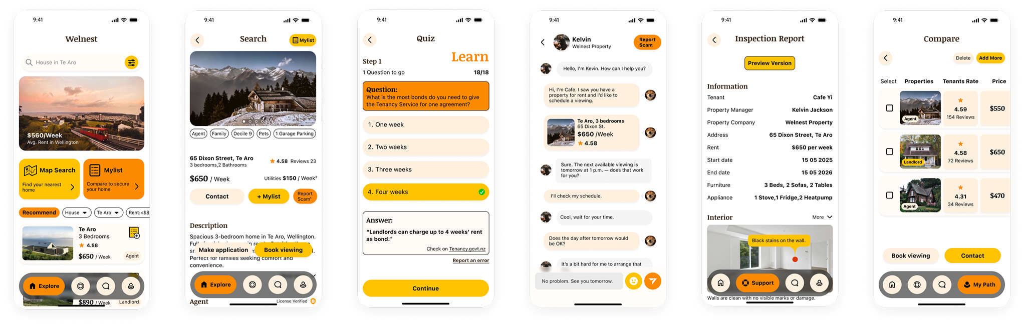 Final design of the Welnest agent contact and inspection booking flow.