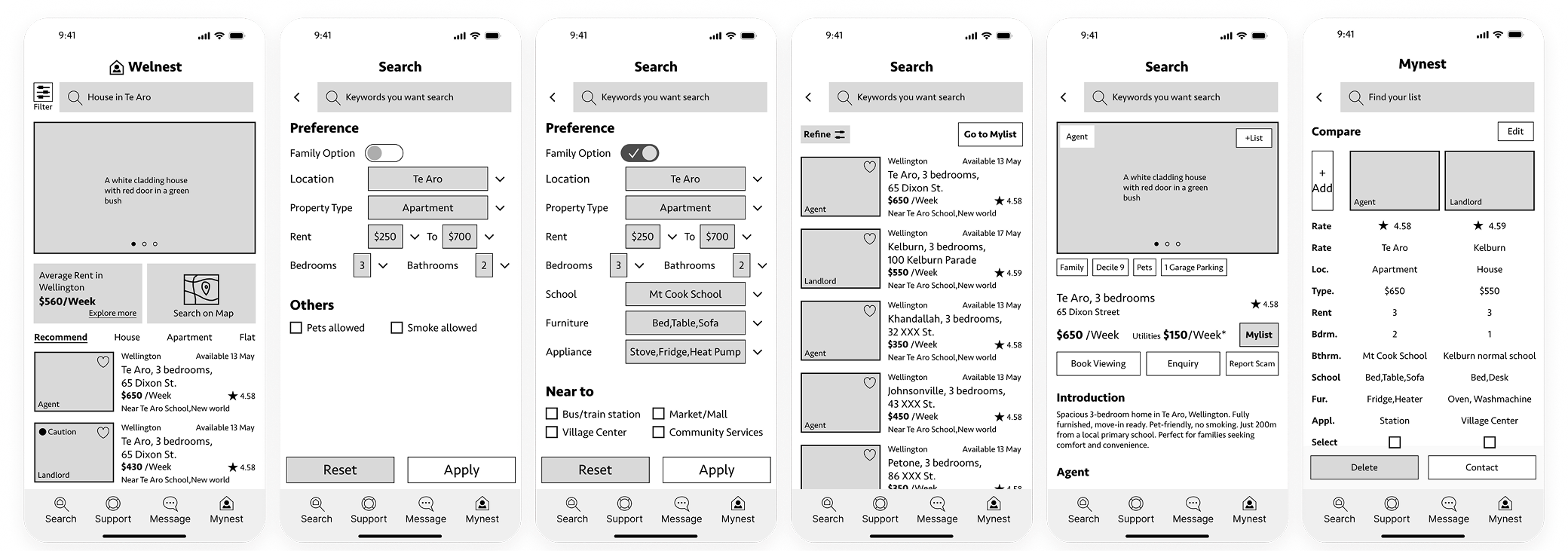 Low-fidelity prototype screens used in early usability testing.